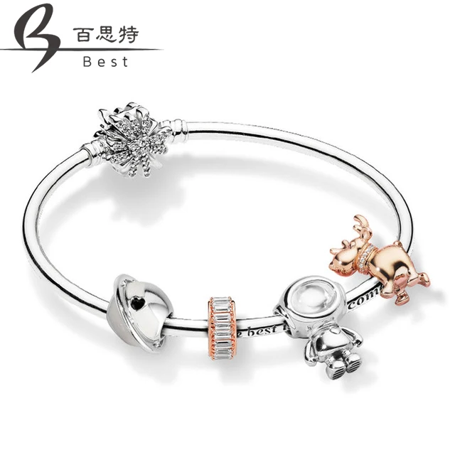 

BEST 100% 925 Sterling Silver ZT0214 Space Journey Winter Bracelet ROSE REINDEER CHARM Planet of Astronaut