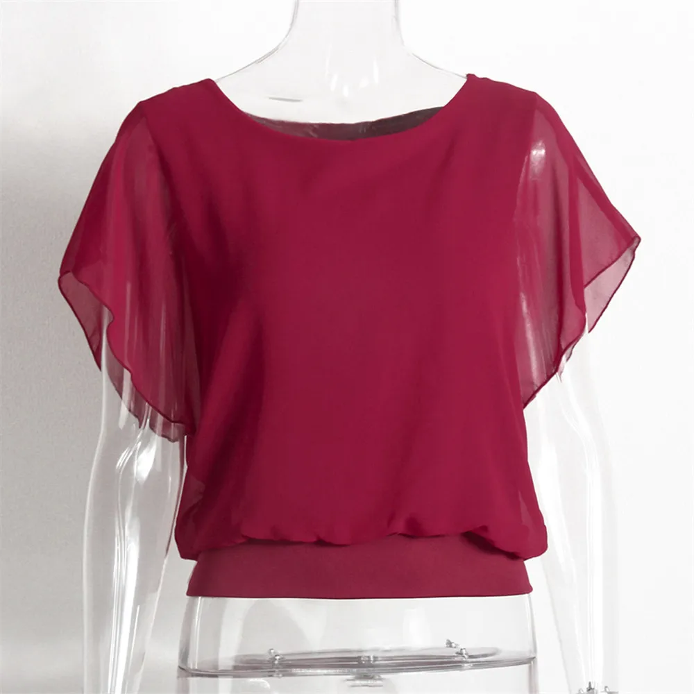 Женская летняя шифоновая блузка рубашка с рюшами короткий рукав с регулирующей пряжкой Повседневная рубашка 2019 Модные женские Топы Черный