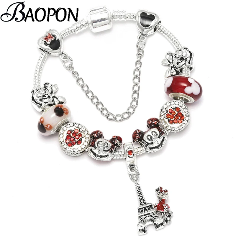 

BAOPON New Crystal Beads Charm Bracelets Mickey Minnie For Women Silver Color Cartoon Fit Origina Fine Bracelets Kids Gifts