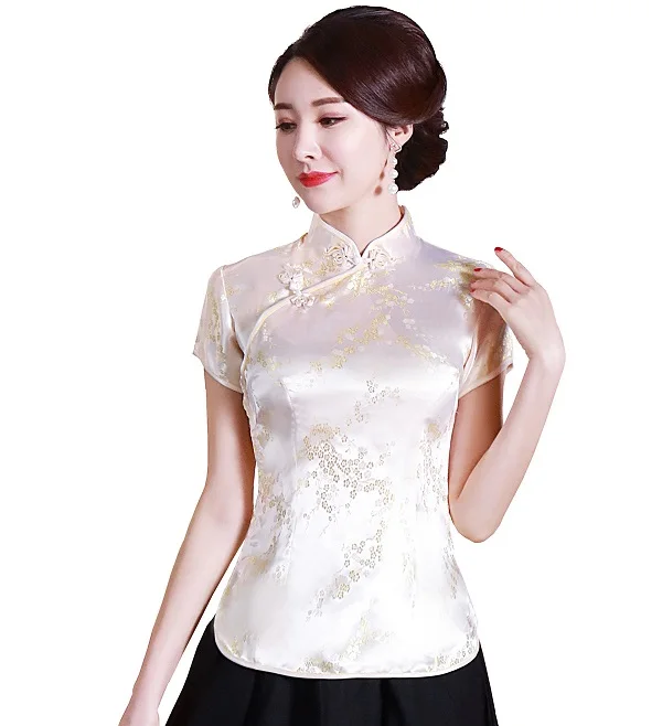 Шанхай история короткие Cheongsam Топ Традиционный китайский искусственный шелк/Атласный топ Дракон и Феникс Вышивка Блузка Топ Qipao рубашка - Цвет: Flower Light Yellow