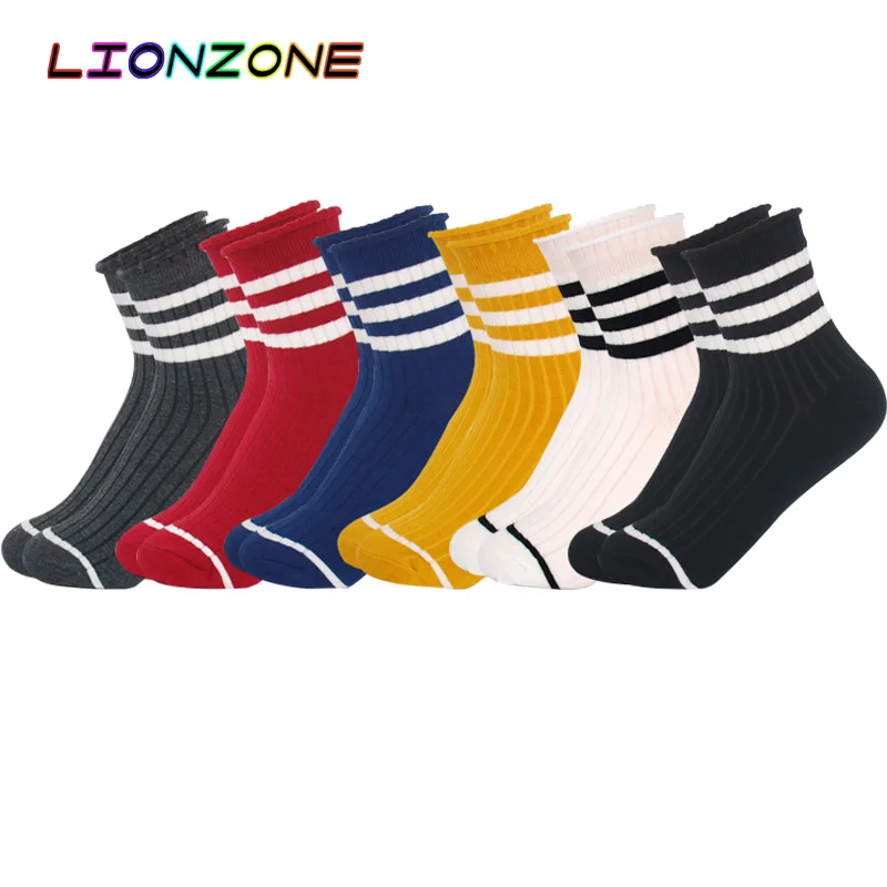 LIONZONE 6 пар/лот новая Корейская версия трех бар леди трубы отвороты носок хлопок женские носки оптом