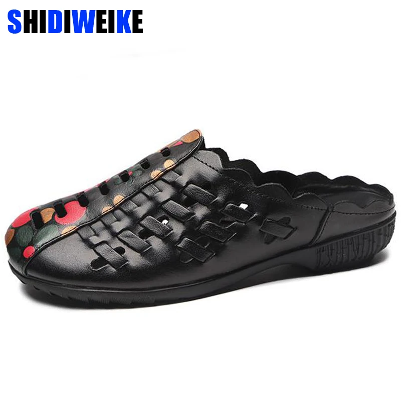 

2019 Woven Women Slippers Shoes Summer Genuine Leather Flat Slippers Vintage Slip On Slides Women Sandals Plus Size 43 m775