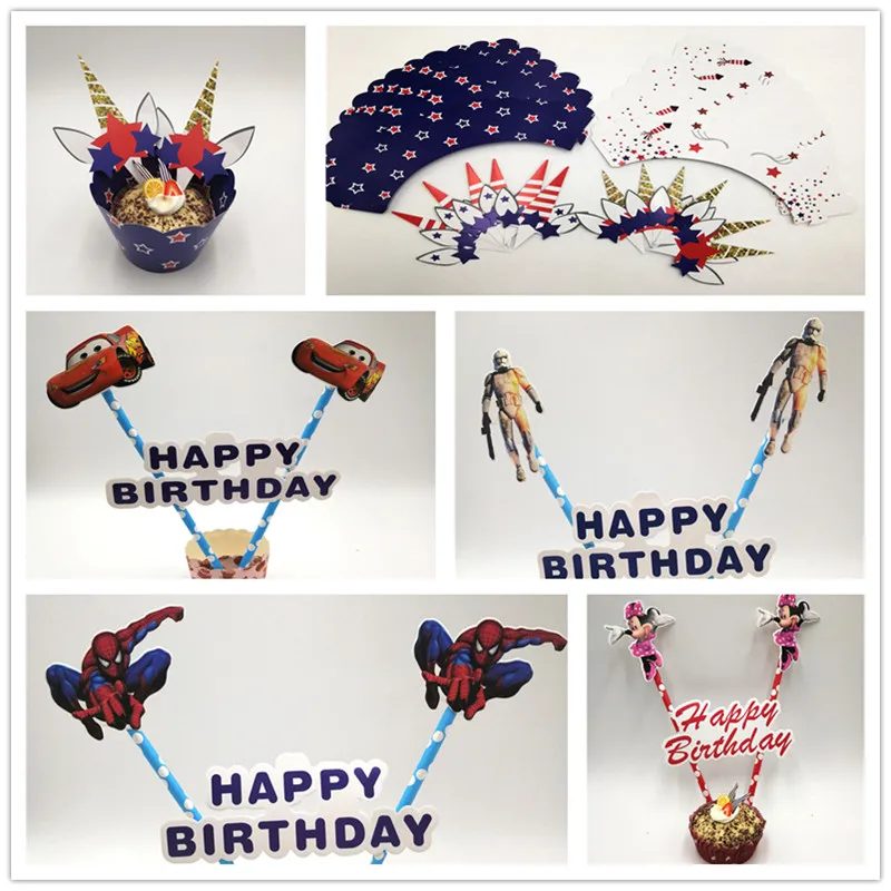 Vary Cartoon Birthday Party Spplies Minnie Cupcake Toppers Picks Cases Car Story Decoration Spiderman Baby Favor Shower Unicorn