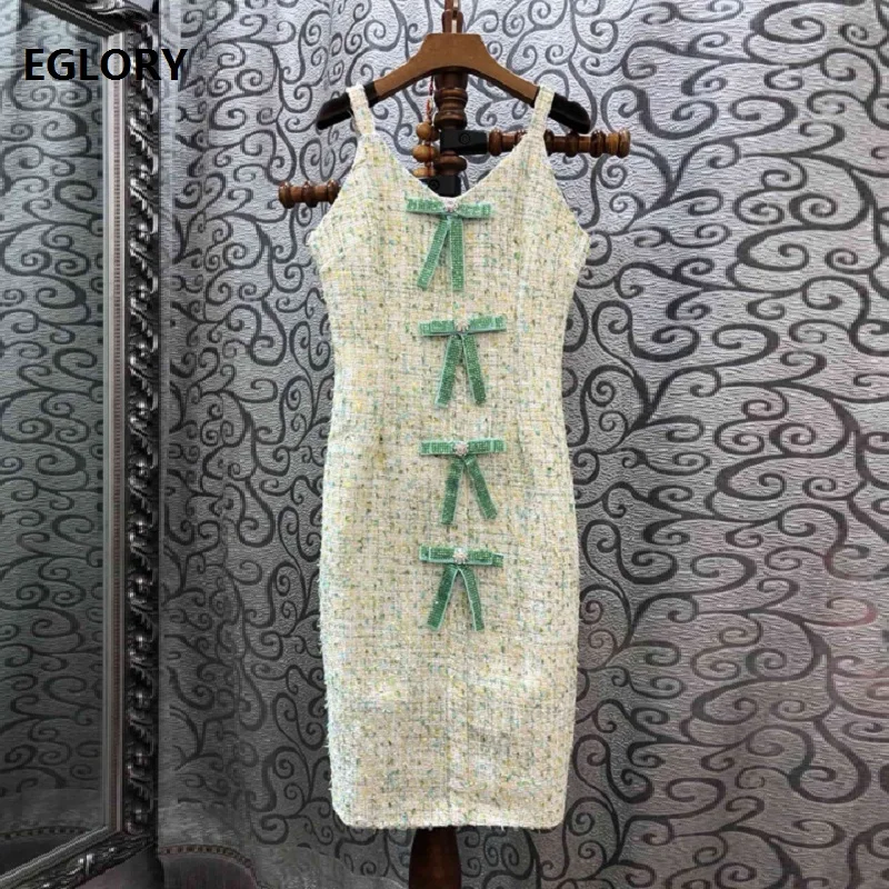 

2019 Autumn Winter Fashion Wool Dress High Quality Women Beading Bow Tie Patchwork Sleeveless Bodycon Sexy Party Strap Dress