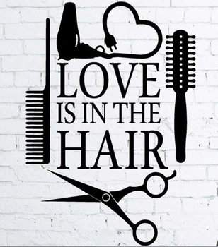 

Love is in the hair Art Quote Wall Sticker Hair Beauty Salon Hairdresser Comb Scissors Wall Decal Beauty Salon Hair Shop Decor