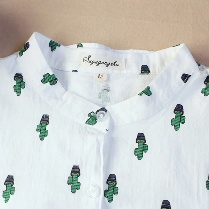 Women Fashion Blouses Long Sleeve Sweet  Shirts Cactus Printed Stand Collar Casual Leisure Tops  Blusas