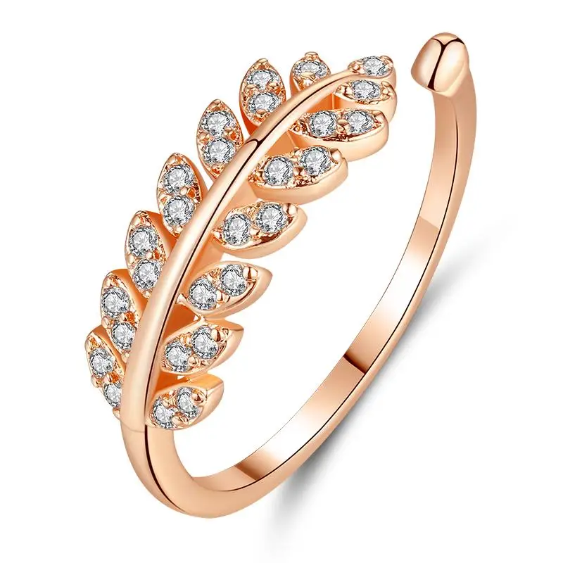 

tree leaves shape zirconia rings open mouth resizable copper material silver and rose gold color rings for women