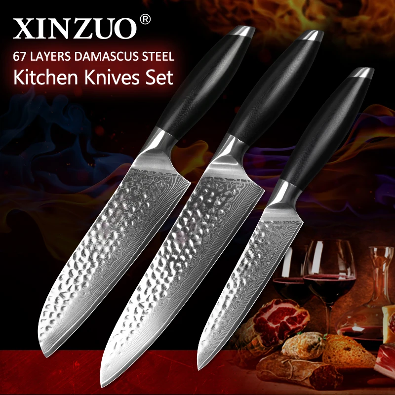 

XINZUO 3 Pcs Kitchen Knives Set High Carbon Stainless Steel Meat Santoku Knife g10 Handle Newarrive Japanese VG10 Kitchen Knife