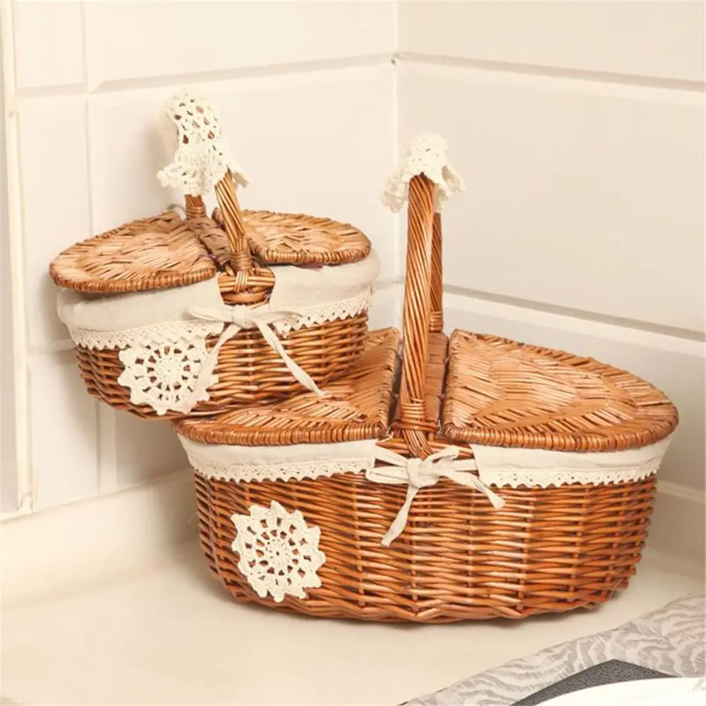 

Hand Made Wicker Picnic Basket With Lid Food Bread Camping Picnic Basket Hamper Woven Bamboo Fruit Storage Basket