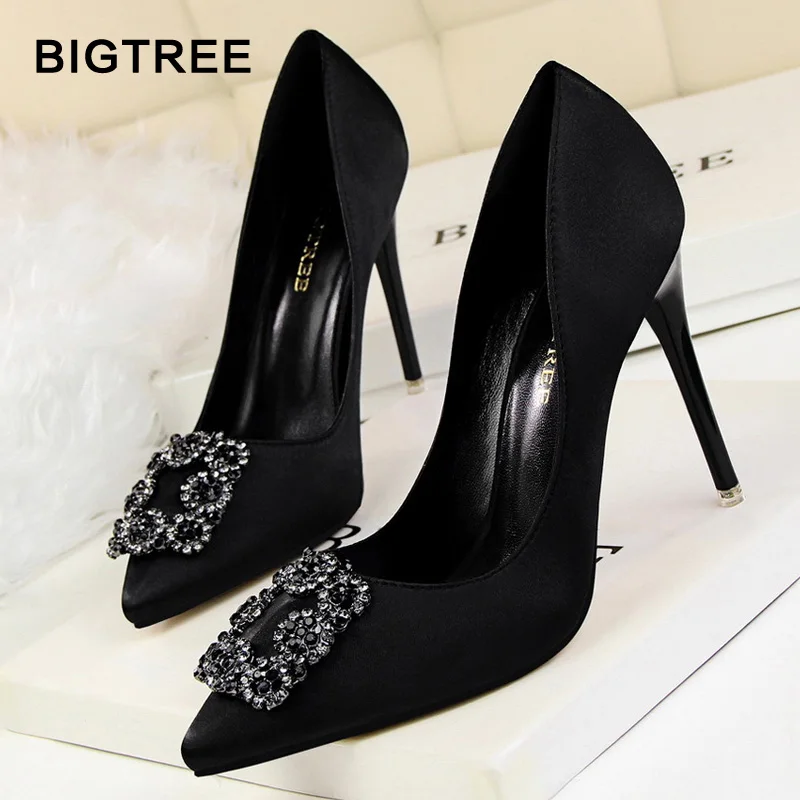 BIGTREE Women Pumps Elegant Rhinestone Silk Satin High Heels Shoes Crystal Metal Square Buckle Party Shoes Women Wedding Shoes