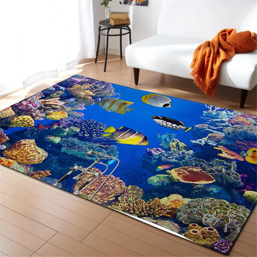 3D Ocean World Shark Area Rug Children Theme Room Decoration Rugs Memory Foam Non-Slip Mats Soft Flannel Carpet Living Room