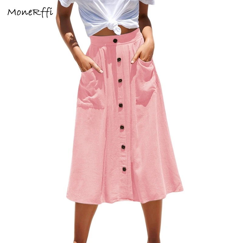 

MoneRffi Summer Women Solid Color Skirt Mujer Falda Mid Long Single-Breasted Skirt Pocket Plus Size Loose Streetwear Femme