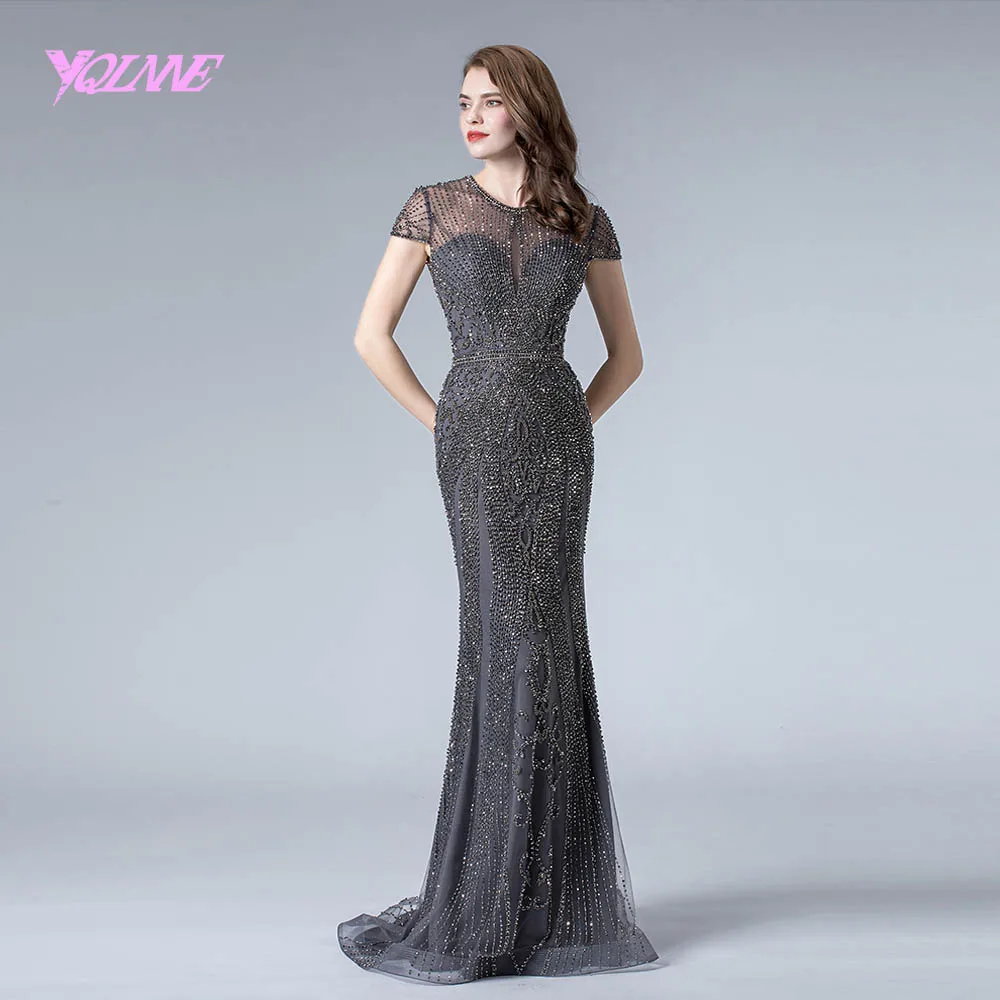 YQLNNE Gray Rhinestones Evening Dress Long 2019 Mermaid Pageant Dresses Formal Evening Gown Cap Sleeve YQLNNE Gray Rhinestones Evening Dress Long 2019 Mermaid Pageant Dresses Formal Evening Gown Cap Sleeve
