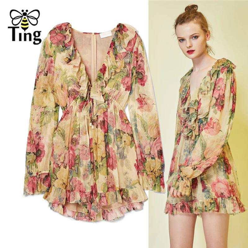 

Tingfly Designer Runway Jumpsuits Women Sexy Print Floral Deep V Neck Lace Up Ruffles Long Sleeve Jumpsuit Summer Holiday Romper