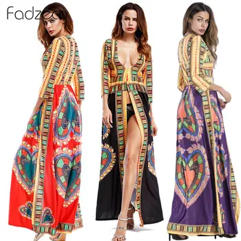 

Fadzeco African Dress For Women Summer Dashiki 3/4 Sleeve V Neck High Split Long Maxi Dress Tribal Print Summer Dress Beach Robe