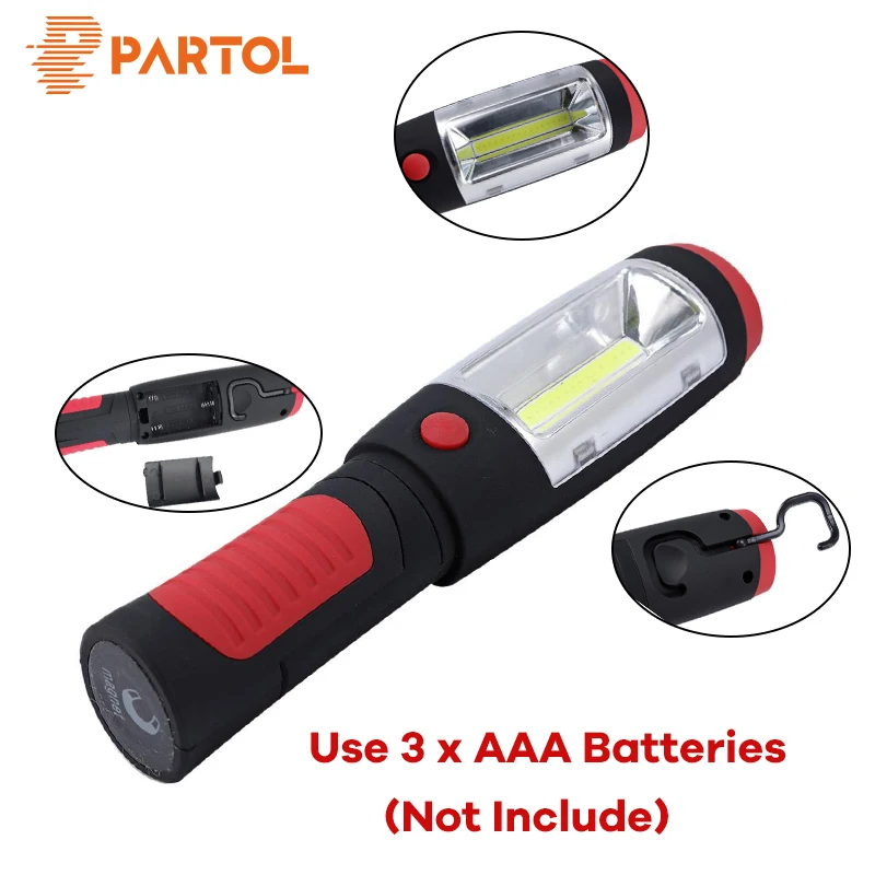 

Partol Powerful Portable 2 in 1 COB LED Flashlight Magnetic Camping Work Inspection Light Hand Torch Lamp With Hook Waterproof