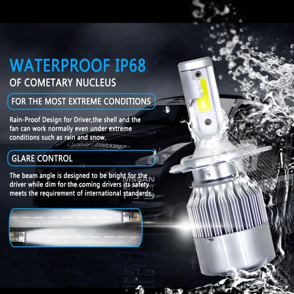 Farol do Carro 1 Par H4 e hb2 e 9003 c6 10800lm 6000 k 120 w Cob Levou Kit Hi e lo Turbo Lâmpadas Universal Auto Farol 6 1 par h4hb29003 c6 10800lm 6000 k