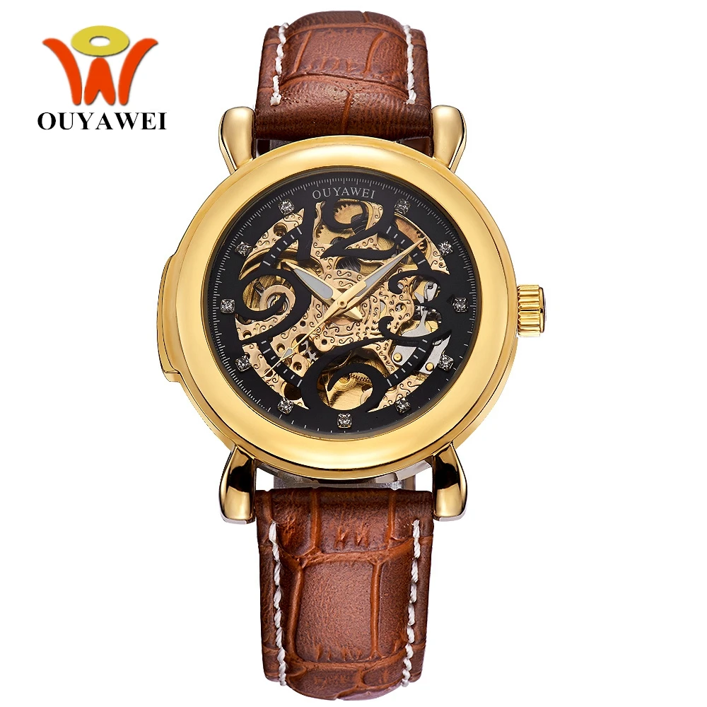 

New OYW Luxury Gold Black Watch Men Man Skeleton Mechanical Watch Leather Band Fashion Dress Wristwatch Waterproof Orologio Uomo