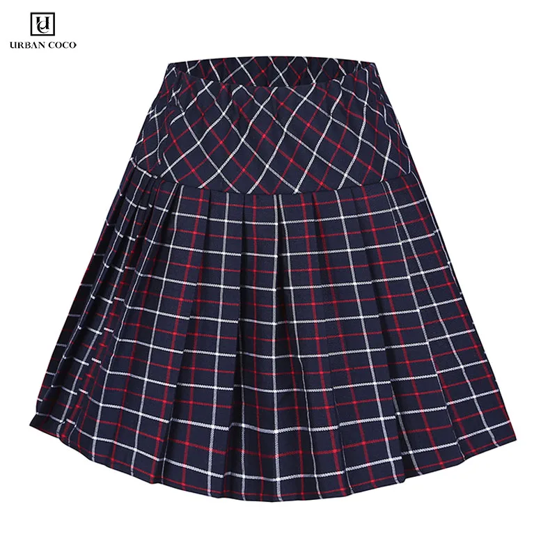 

Urban CoCo Women Elastic Waist Tartan Pleated Skirt School Uniform Skirt Double Layer Mini Knitted Skirt
