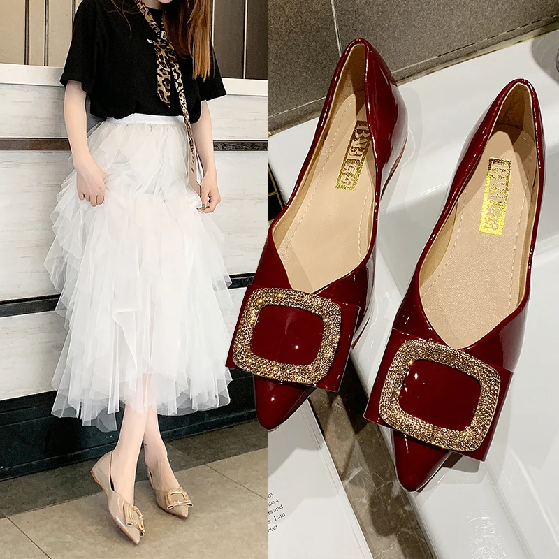 

Rhinestone bow single shoes female 2019 summer new net red wild fashion soft bottom pointed shallow mouth flat woman shoes