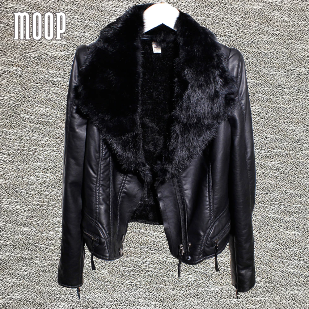 Black PU leather jackets winter fleece lined coats rex rabbit fur collar leather motorcycle