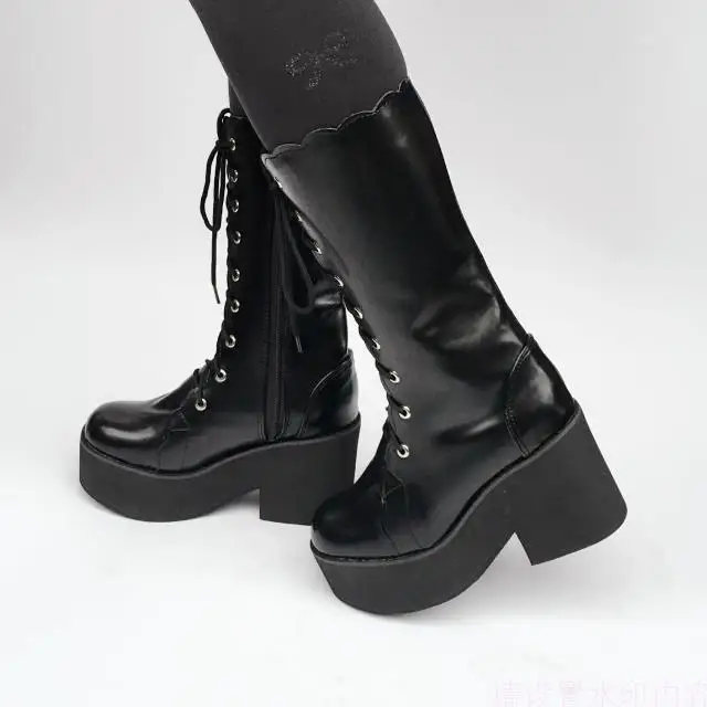 Womens-Winter-Motorcycle-High-Platform-Boots-Lace-up-Mid-Calf-Martin-Boots-with-Side-Zip- 1