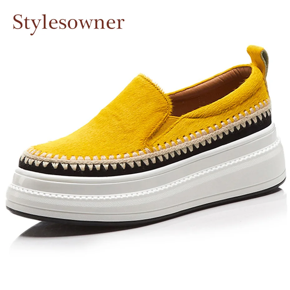 

Stylesowner yellow horsehair thick bottom muffin shoes 2018 autumn new round toe slip on lazy women loafers females med heels