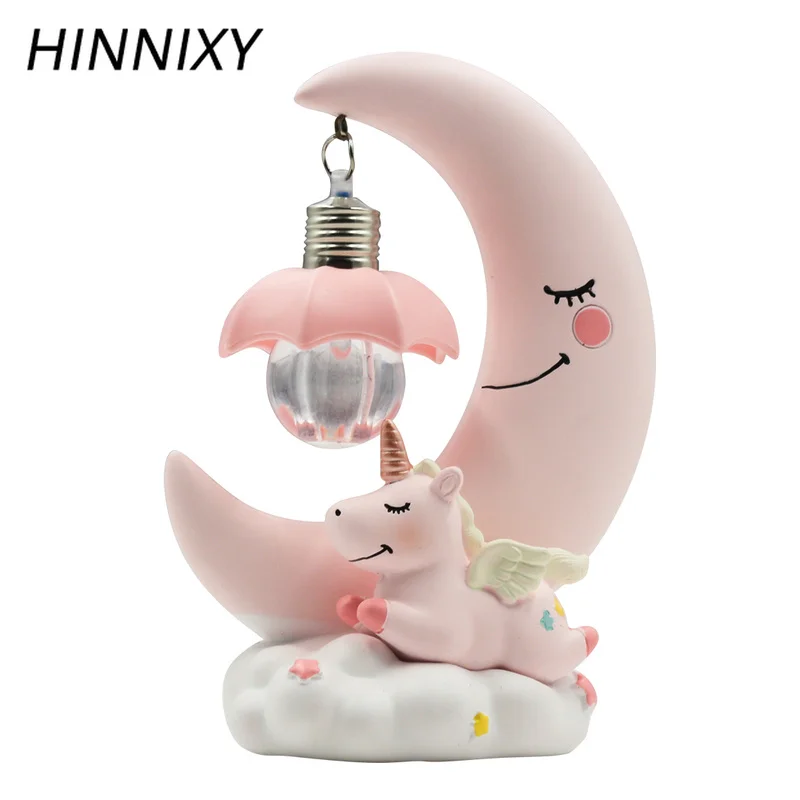 Hinnixy Луна Единорог ночной Светильник розовый синий милый мультфильм смолы настольная лампа спальня прикроватный Декор Светильник ing девочка подарки на день рождения