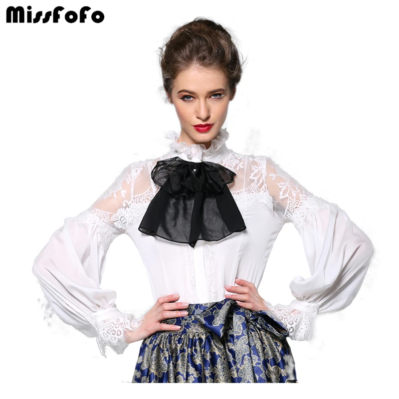

MissFoFo One Piece Blouse Shirt Slim Embroidery Women's Demi-Season Fashion Casual Shirt 2019 Autumn and Spring Bow 2XL Lantern