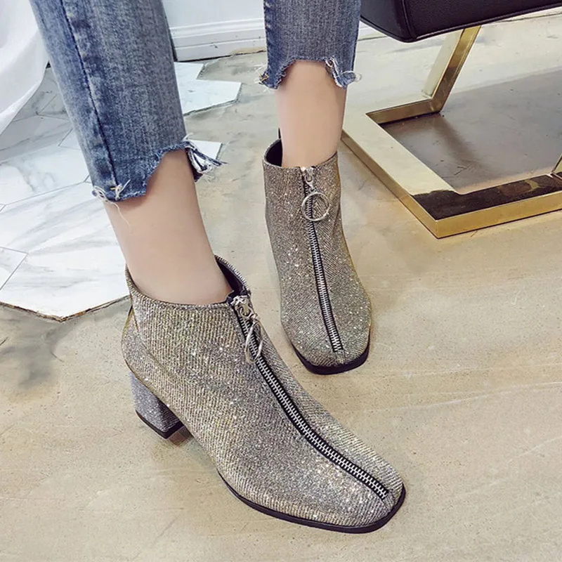 

Fashion Women Autumn Winter Ring Zip Ankle Boots Glitter Square Toe Middle Heels Female Bling Shoes Ladies Footwear