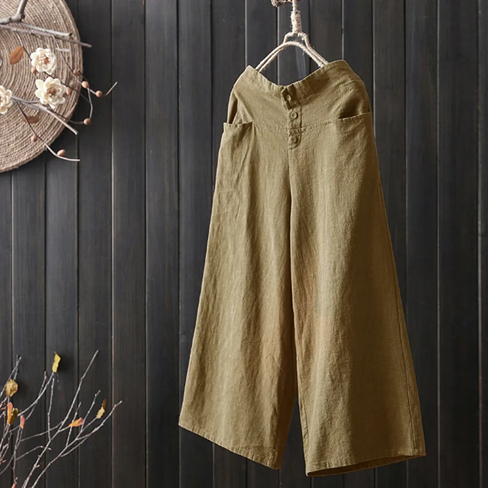 

Women New Autumn Wide Leg Crop Calf-Length Pants Casual Loose High Waist solid Linen Trousers casual pants female trousers
