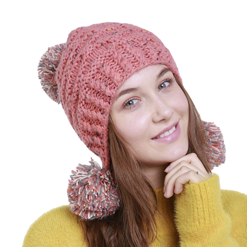 

Mixed Color Knitted Beanies Hat Women Wool Earmuffs Hats Lady Winter New Handmade Jacquard 3 Wool Ball Warm Bonnet Skullies Caps