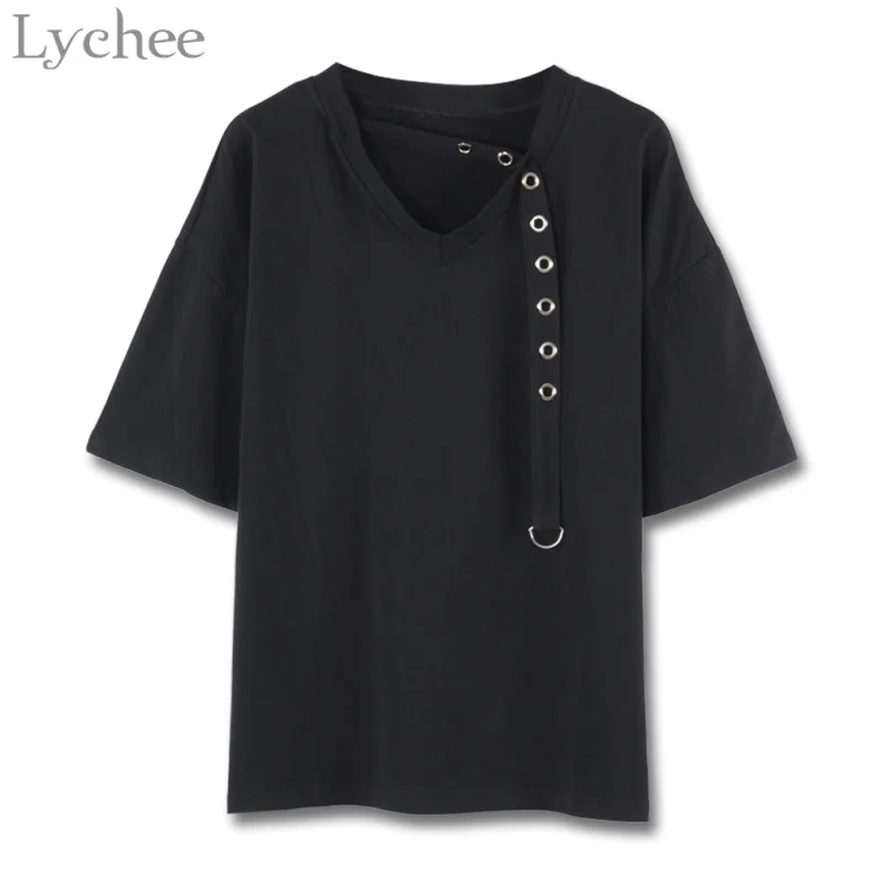 

Lychee Casual Summer Women T Shirt V Neck Hollow Out Ribbon Halter T Shirt Short Sleeve Tee Top Female