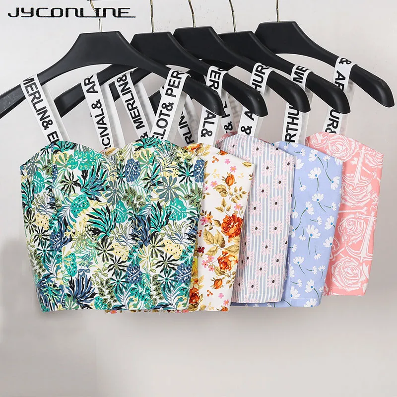 

JYConline 2019 Womens Strap Tanks Crop Top Female Letter Print Summer Bralette Women Camisole Floral Tops Cropped Feminino Vest