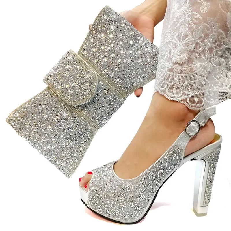

Italian Shoes with Matching Bags for Women Nigerian Women Wedding Shoes and Bag Set Decorated with Rhinestone Party Shoe Bag Set