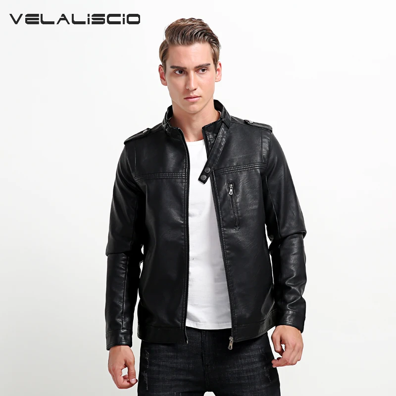 VELALISCIO 2017 Autumn Winter PU Leather Jacket Men Brand