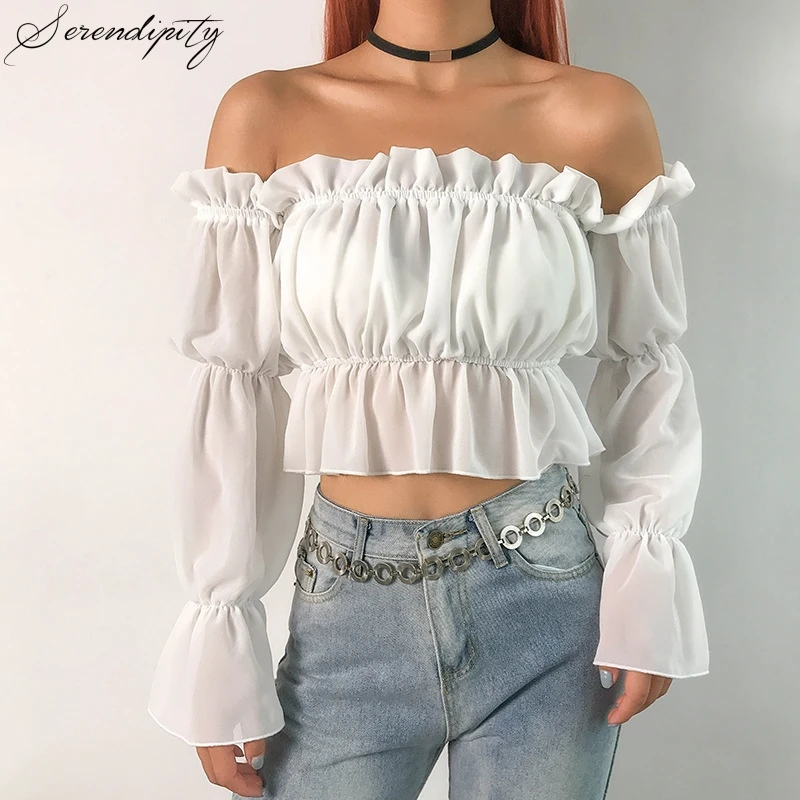 

SRDP White Elegant Off Shoulder Ruffle Crop Blouses Shirts Women Summer Linen Puff Sleeve Chiffon Loose Sweet Backless Blusa