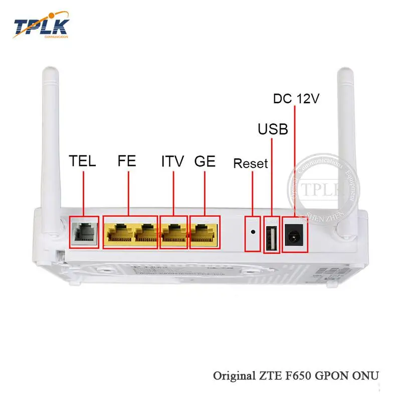 Алиэкспресс Лидер продаж zte F650 ONU ONT GPON с 1GE+ 3FE+ 1USB+ 1WiFi английская версия DC/12 V 2,4G Китайский телекоммуникационный логотип