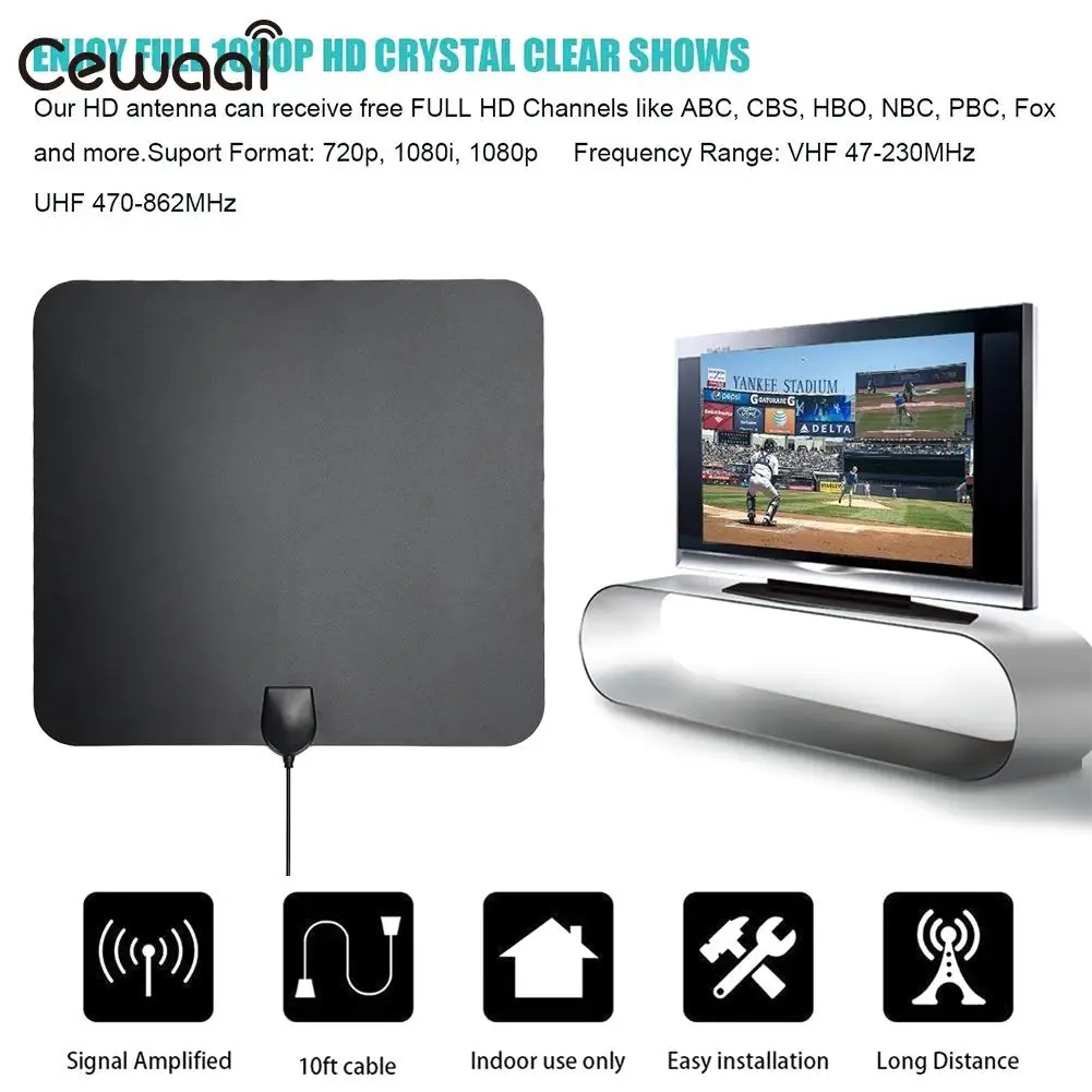 Signal Amplifier 50 Miles USB Powered Ultra Thin Indoor HDTV Antenna
