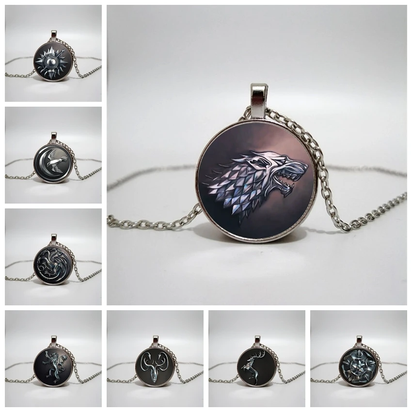 Song of Ice and Fire Stark Wolf Logo Glass Cabochon Pendant Necklace Men Targaryen Dragon Game of Thrones Series Jewelry