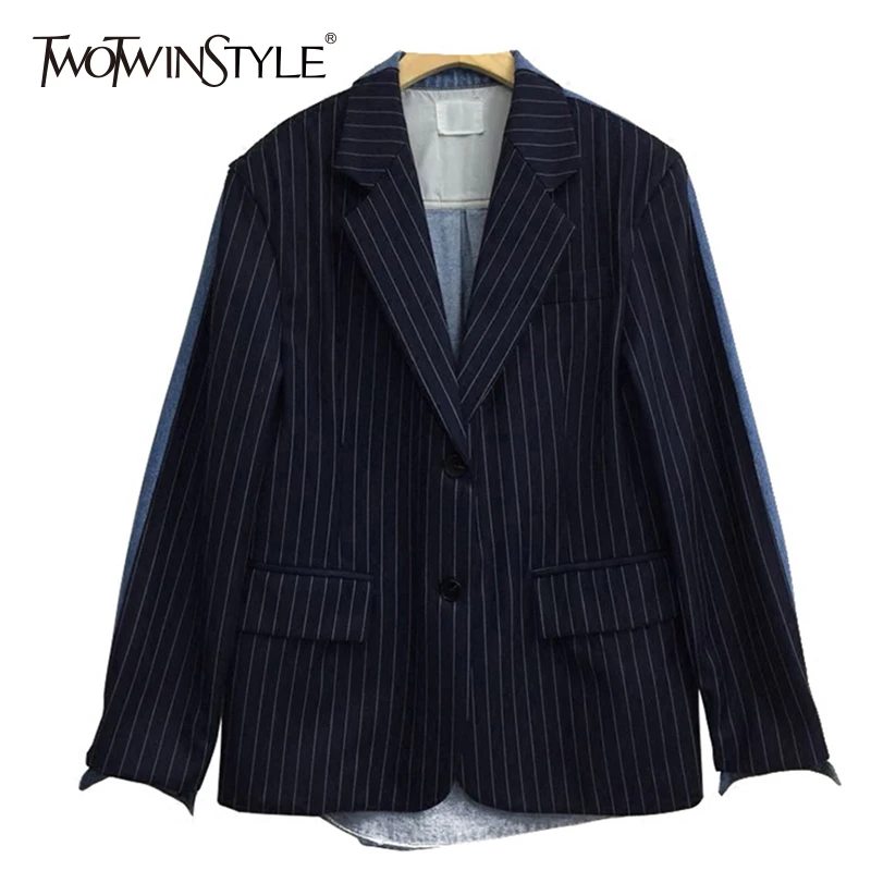 

TWOTWINSTYLE Striped Coat Female Denim Patchwork Long Sleeve Large Size Blazer Spring 2019 Womens Fashion Korean Clothing