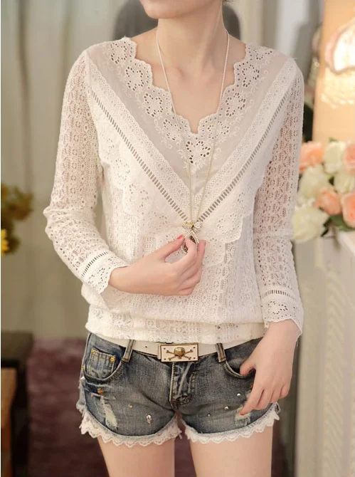 MSSNNG 2018 hot sale new arrival Spring and autumn Korean fashion women blouse V neck long sleeve slim lace female shirt  (5)