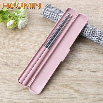 

HOOMIN 1 Pair Food Sticks Chinese Chopsticks Wheat Straw 304 Stainless Steel Portable Travel Chopsticks with Storage Box