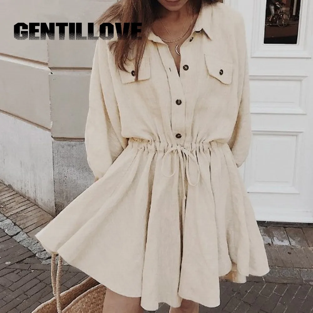 Элегантное льняное короткое платье-рубашка женское Хлопковое платье с длинным