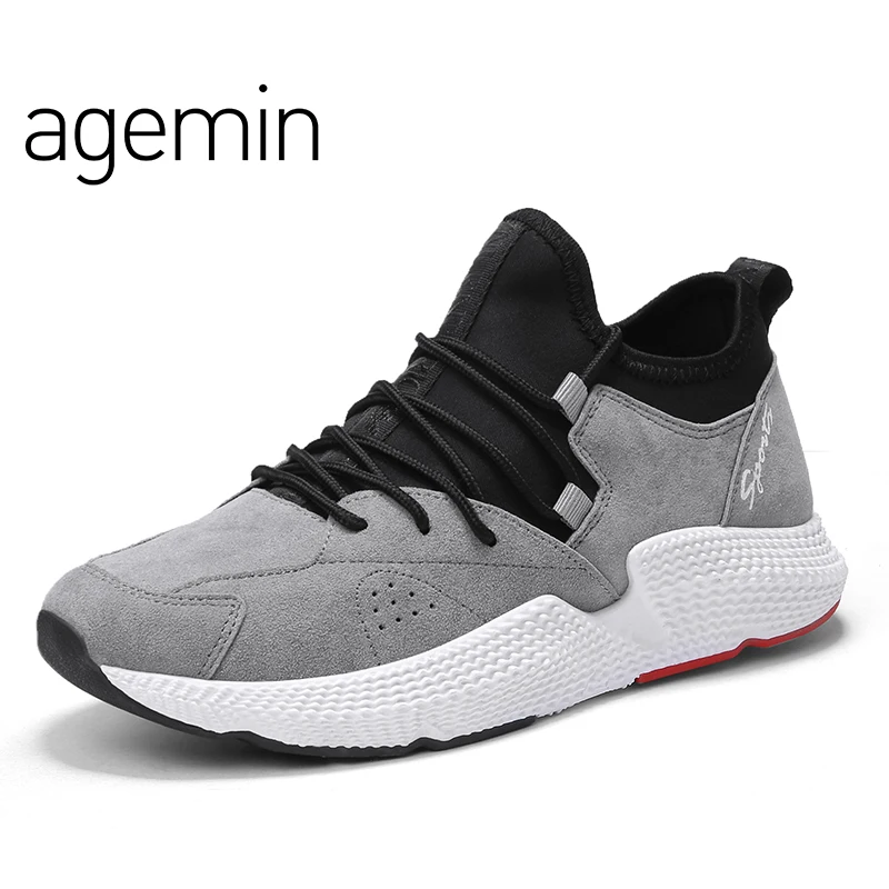 

Agemin Summer Breathable Fashion Men Pig Suede casual leather shoes men Lace up shoes pig leather shoes mens walking shoes