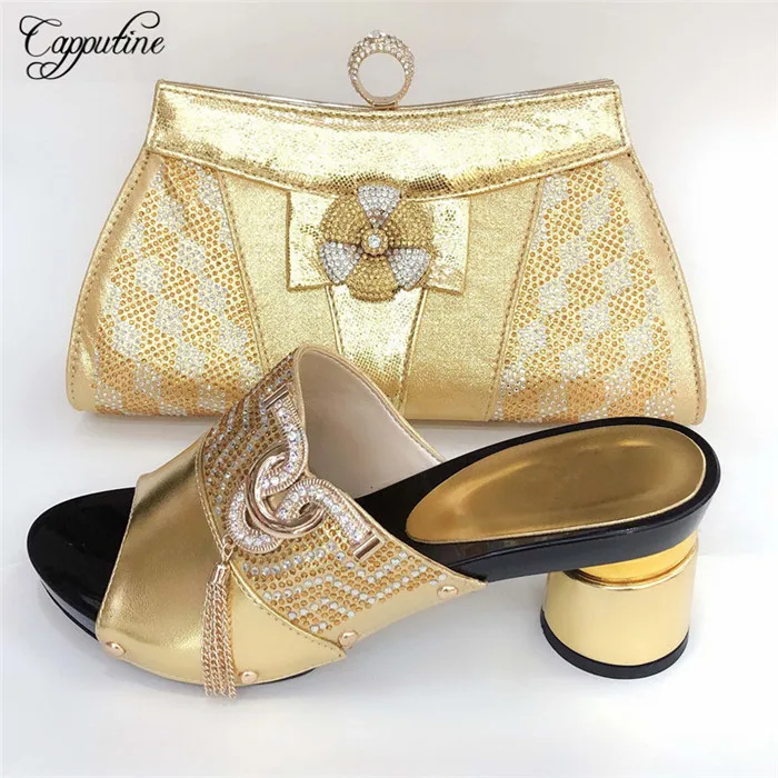 

Amazing high heel gold high heel pump shoes with handbag sets nice sandal and bag for lady 00887-1 ,heel height 8cm