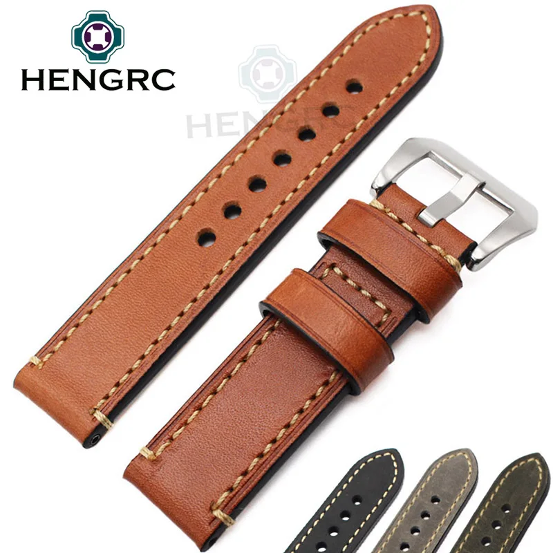 Genuine Leather Watchband Bracelet 24mm 22mm 20mm Thick Watch Strap Belt With Metal Steel Buckle Watch