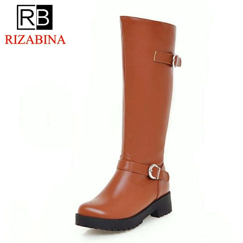

RIZABINA Women Warm High Heels Boots Winter Buckle Fur Shoes Women Knee High Boots Daily Round Toe Platform Shoes Size 34-43