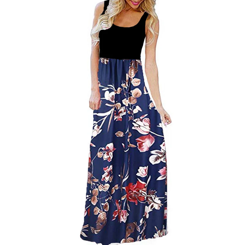 

2019 summer boho beach tunic casual maxi dress plus size 3xl long vestidos sleeveless Floral print vintage women slim clothes