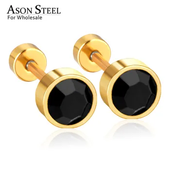 

ASONSTEEL 3-7mm Gold/Silver Color Black Round Crystal Screw Stud Earring Stainless Steel Female Earrings Christmas Gift Party
